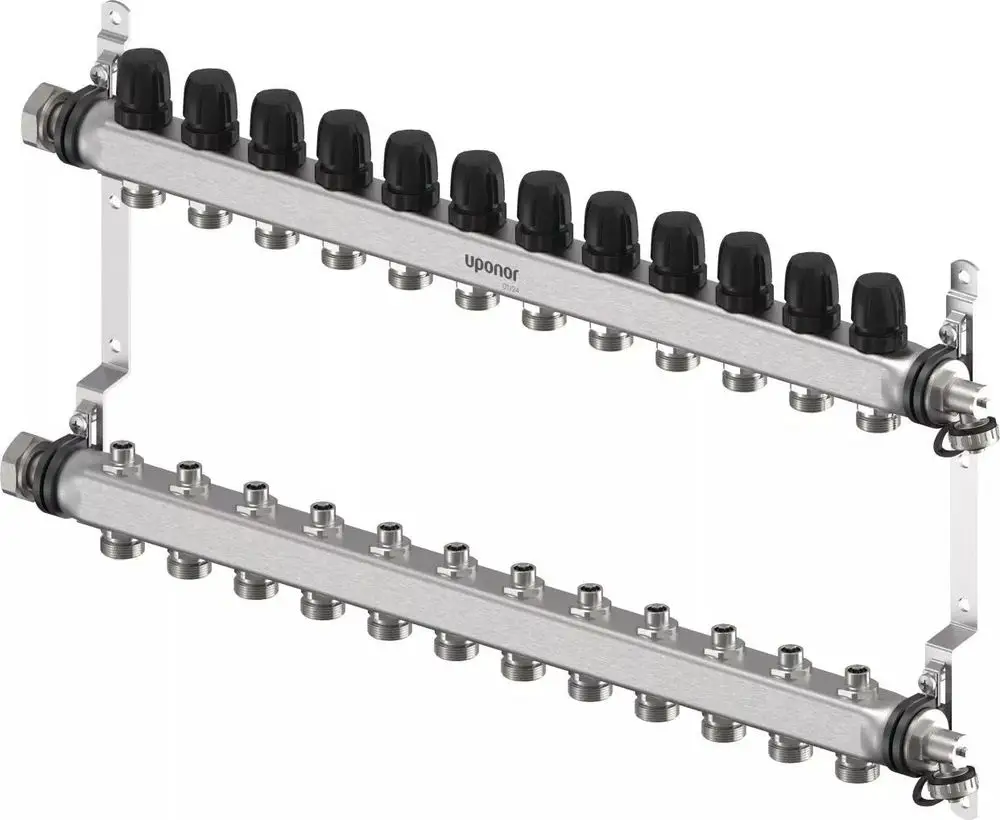 Verteiler aus Edelstahl mit mehreren Anschlüssen und schwarzen Verschlusskappen, hergestellt von Uponor, zur Verteilung von Heizungs- oder Kühlsystemen.